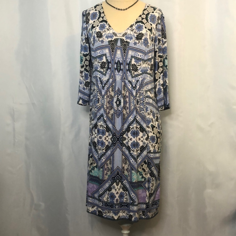J Jill Woman’s Blue/White Floral Knit 3/4 Sleeve Dress Size XS
